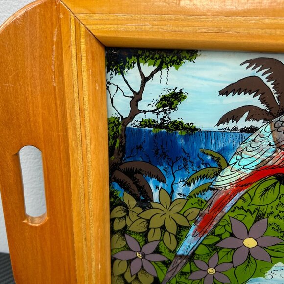 VTG Brazil Wood Glass Serving Tray Hand-Painted Parrot Scene Tropical Iridescent - Picture 3 of 11